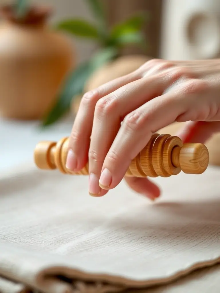 Close-up shot of a hand gently touching the smooth surface of a bamboo massage roller, highlighting its natural texture and eco-friendly appeal. The background is blurred, emphasizing the product's natural material.