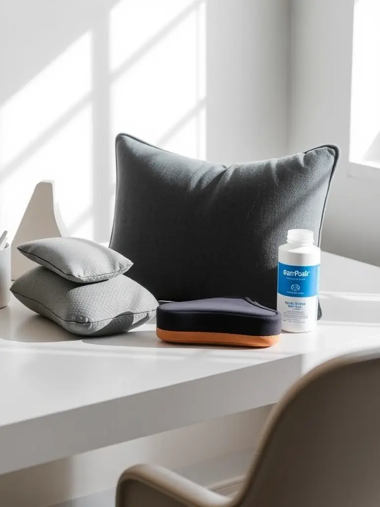 A posture-focused gift set, showcasing an ergonomic lumbar support pillow, a posture corrector brace, and a comfortable seat cushion, arranged on a light gray desk with a minimalist design.
