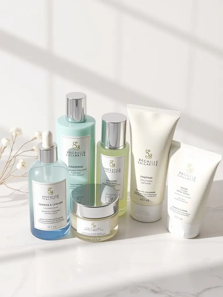 A wellness beauty gift set, featuring organic facial oil, herbal tea blend, and a natural body scrub, arranged on a light gray surface with soft, inviting lighting.